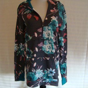 NWT Michelle Mae 1/4 Zip Hoodie Gray Floral Thumbholes sz L